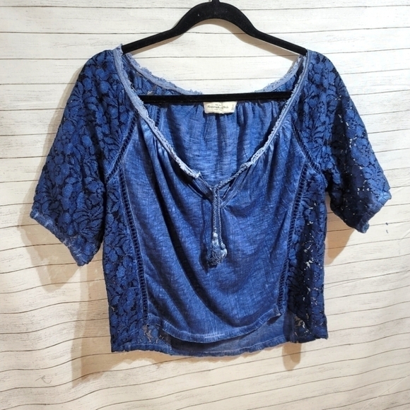 A&F CERULEAN BLUE LACE MIXED MEDIA TEE, SZ SMALL - Picture 1 of 8